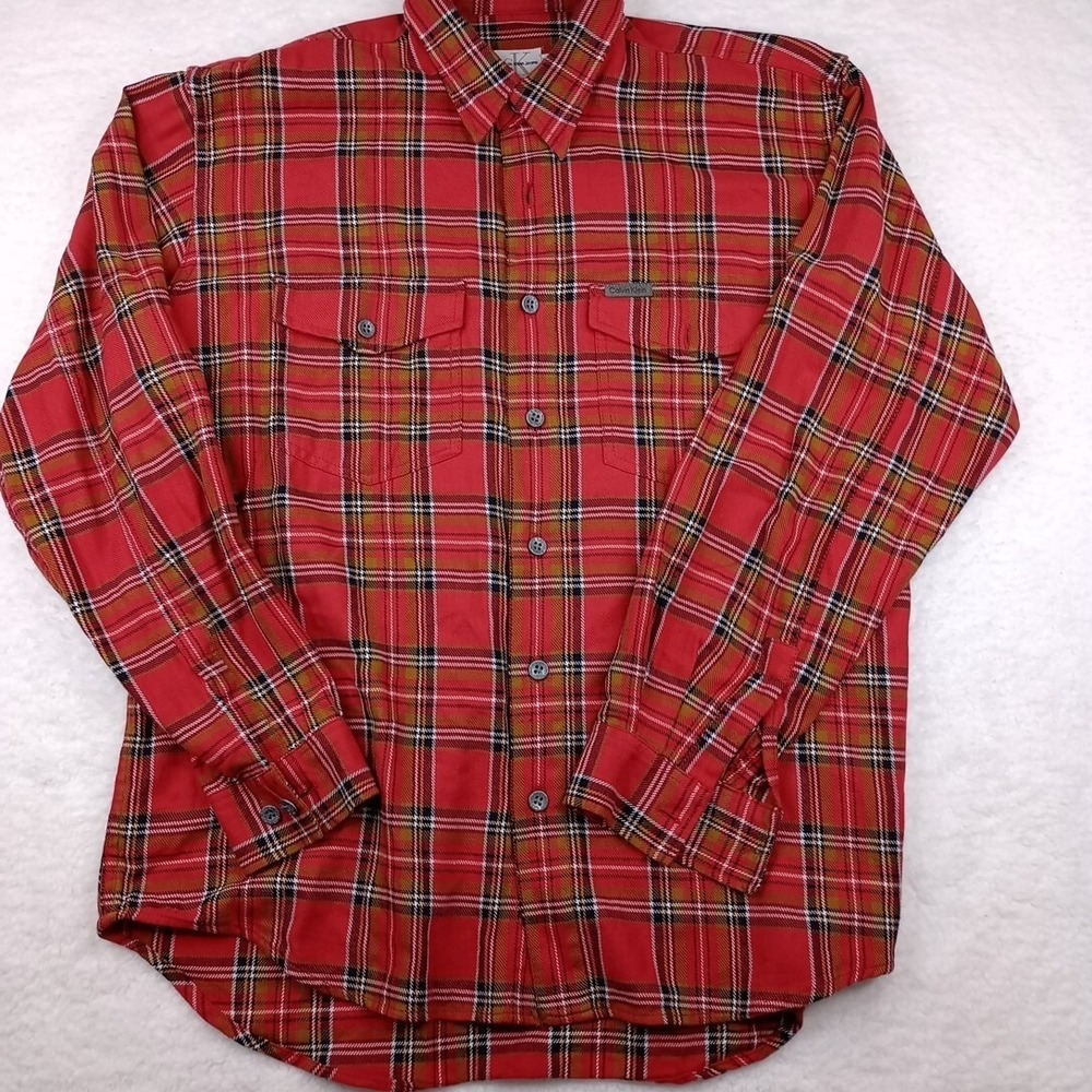 Calvin Klein Jeans Plaid Flannel Button Down Shirt Small Red & Brown - Picture 1 of 9